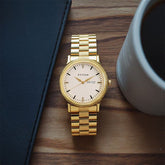 Titan Karishma Men's Watch Analog White Dial with Gold Stainless Steel Band, 1650YM03